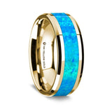 14K Yellow Gold Polished Beveled Edges W/ Blue Opal Inlay - 8mm