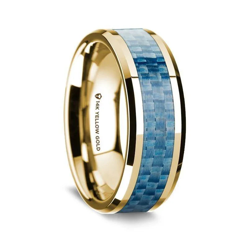 14K Yellow Gold Polished Beveled Edges W/ Blue Carbon Fiber Inlay - 8mm