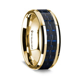 14K Yellow Gold Polished Beveled Edges W/ Black & Dark Blue Carbon Fiber Inlay 8mm