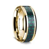 14K Yellow Gold Polished Beveled Edges W/ Black & Green Carbon Fiber Inlay 8mm