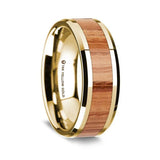 14K Yellow Gold Polished Beveled Edges W/ Red Oak Wood - 8mm