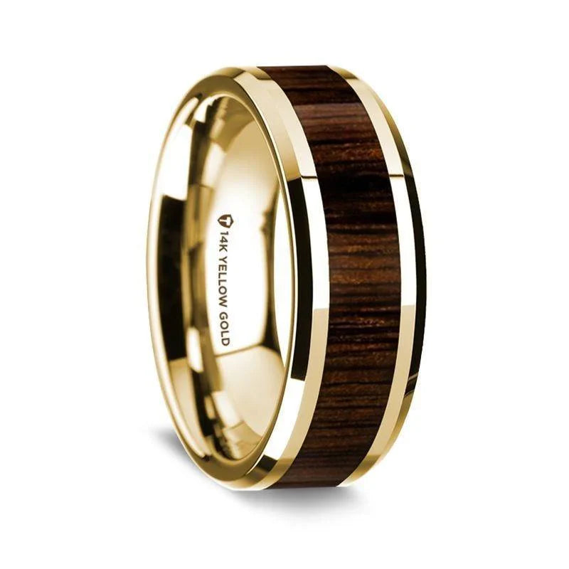 14K Yellow Gold Polished Beveled Edges W/ Black Walnut Wood Inlay - 8mm