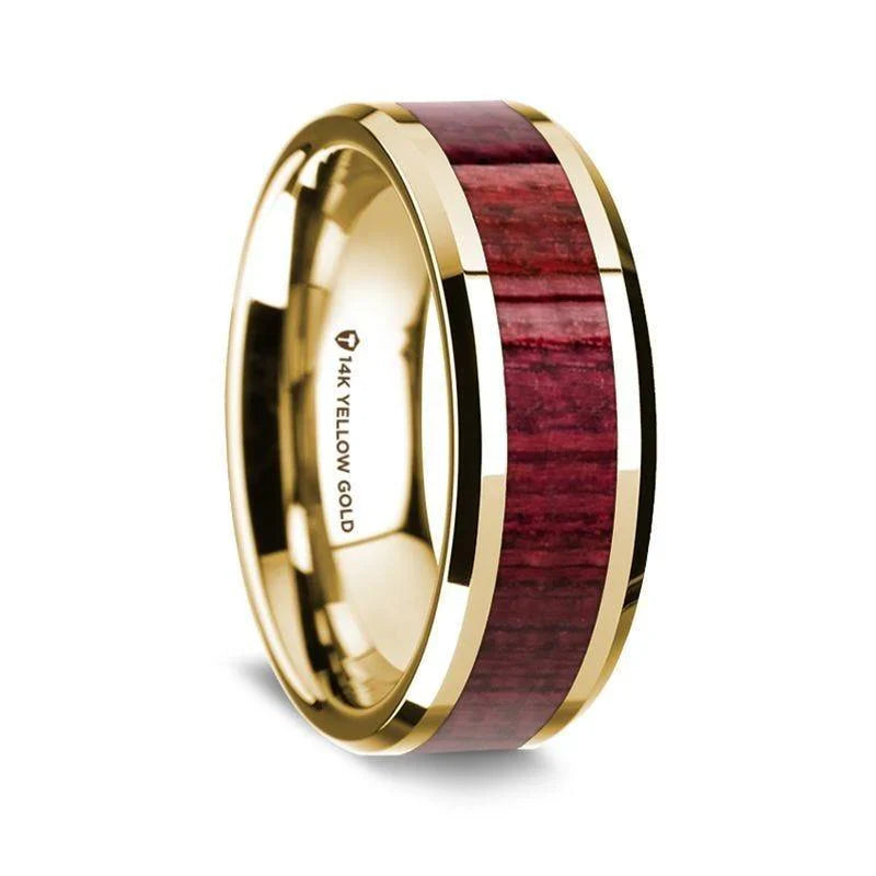 14K Yellow Gold Polished Beveled Edges W/ Purpleheart Wood Inlay - 8mm