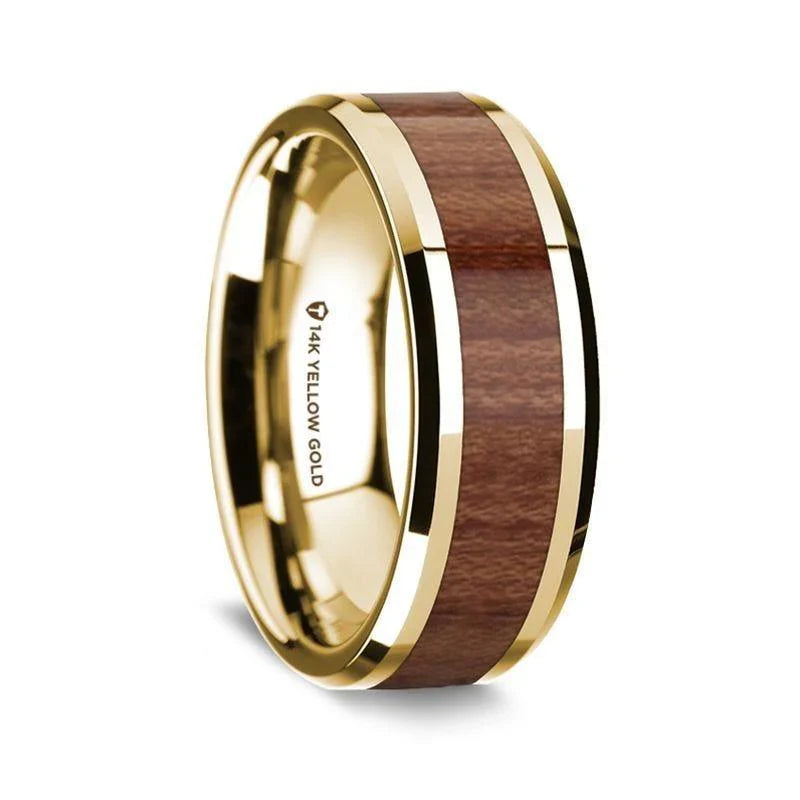 14K Yellow Gold Polished Beveled Edges W/ Rosewood Inlay - 8mm