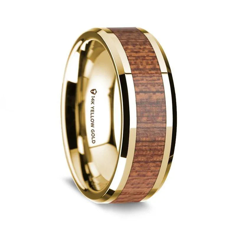 14K Yellow Gold Polished Beveled Edges W/ Cherry Wood Inlay - 8 mm