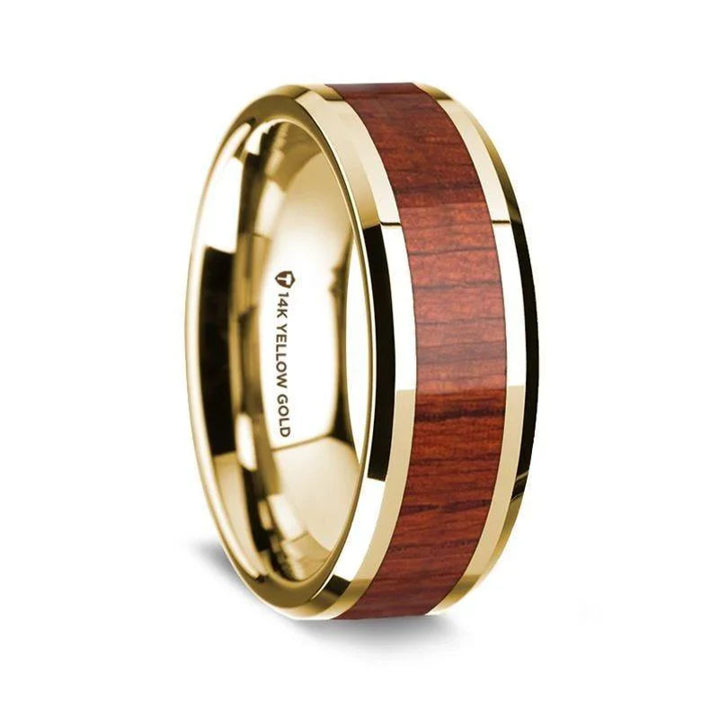 14K Yellow Gold Polished Beveled Edges W/ Padauk Wood Inlay - 8mm