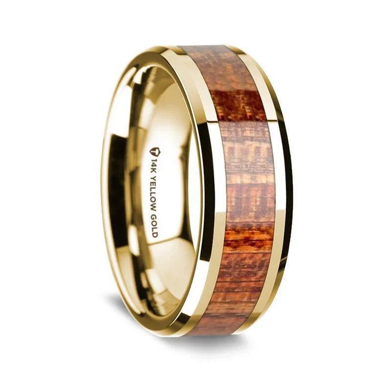 14K Yellow Gold Polished Beveled Edges W/ Mahogany Wood Inlay - 8mm