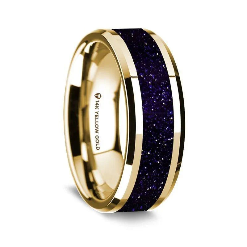 14K Yellow Gold Polished Beveled Edges W/ Purple Goldstone Inlay - 8mm