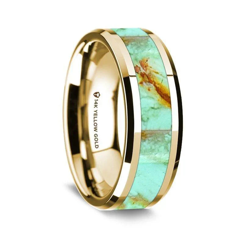 14K Yellow Gold Polished Beveled Edges W/ Turquoise Inlay - 8mm