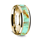 14K Yellow Gold Polished Beveled Edges W/ Turquoise Inlay - 8mm