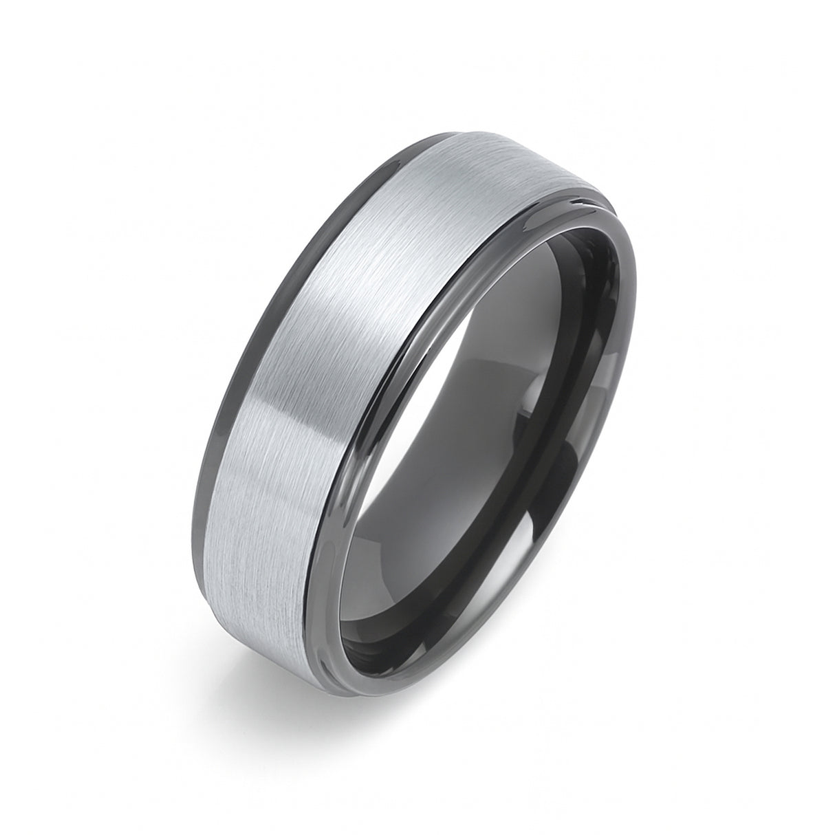 8mm - Gunmetal Tungsten Carbide Wedding Band W/ Stepped Edges Brush Center
