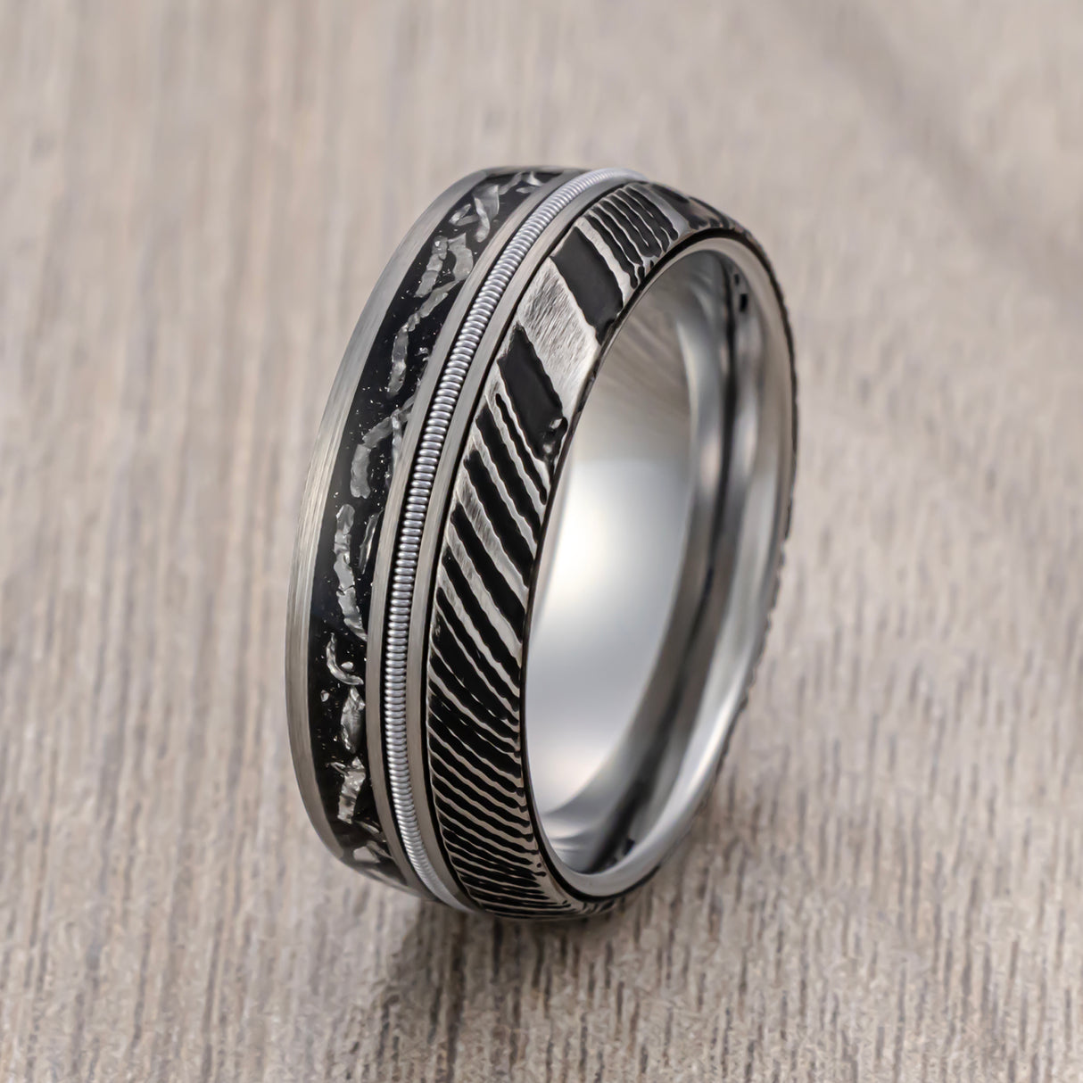 8mm - Tungsten Wedding Band Meteorite & Guitar String Inlay Damascus Steel