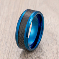 8mm Blue Tungsten Carbide Wedding Band With Black Carbon Fiber Inlay