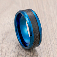 8mm Blue Tungsten Carbide Wedding Band With Black Carbon Fiber Inlay