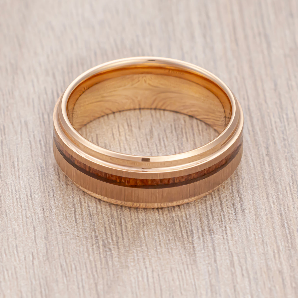 8 mm- Rose Gold Tungsten Carbide wood Ring, Real Koa Wood Inlay Ring