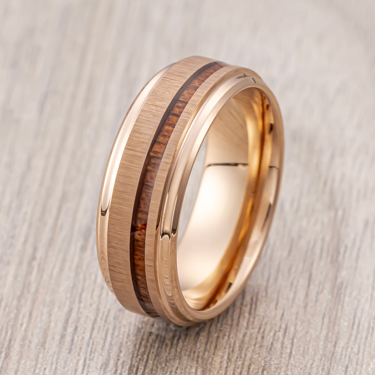 8 mm- Rose Gold Tungsten Carbide wood Ring, Real Koa Wood Inlay Ring