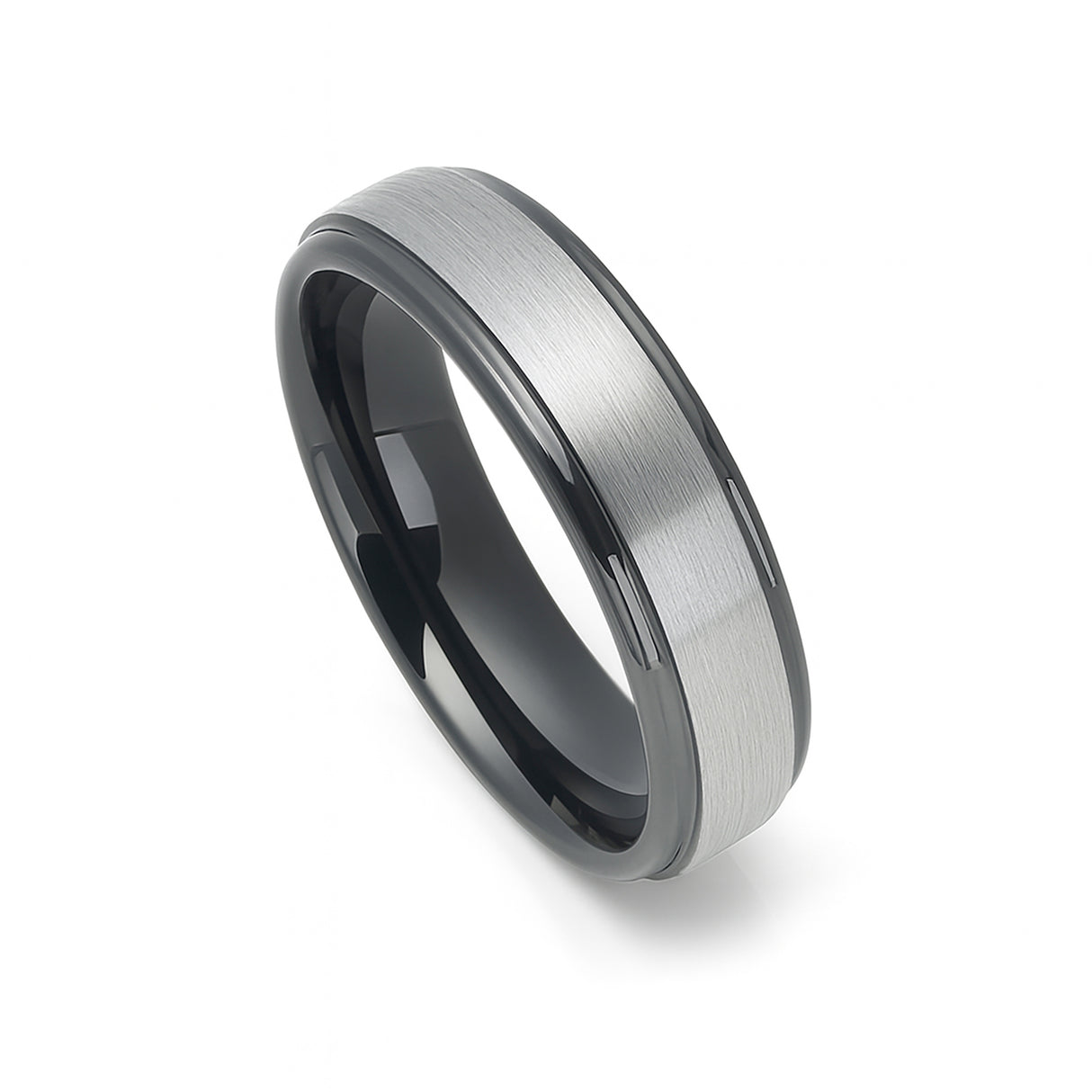 6mm - Gunmetal Tungsten Carbide Wedding Band W/ Stepped Edges Brush Center