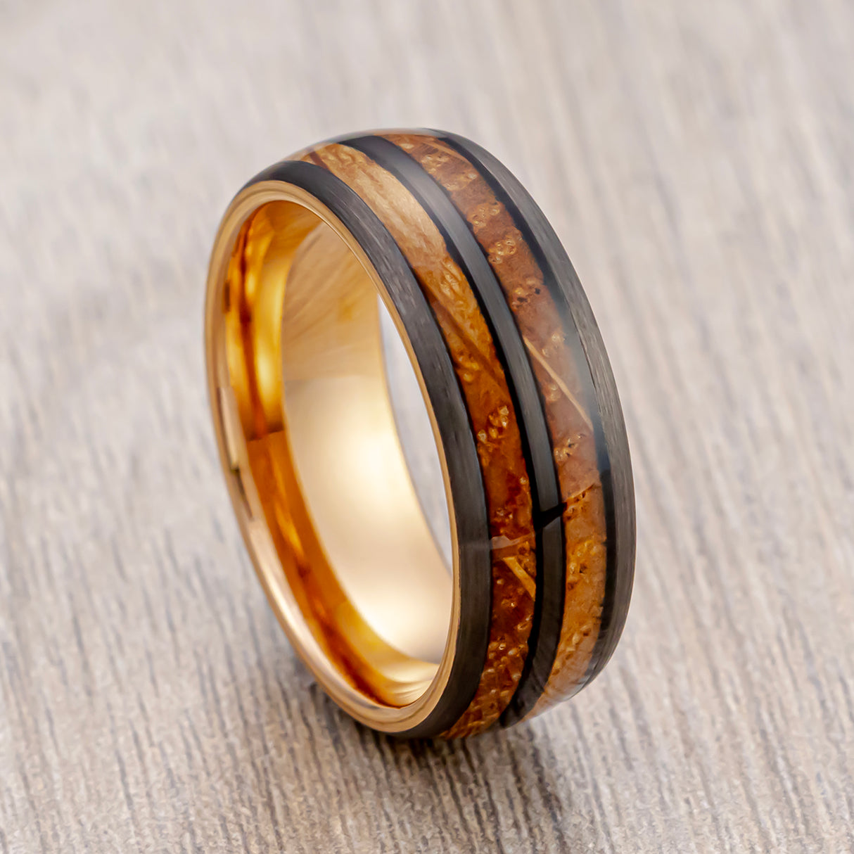 8mm Tungsten Double Barrel Wood Ring Rose Gold & Black Tungsten Ring