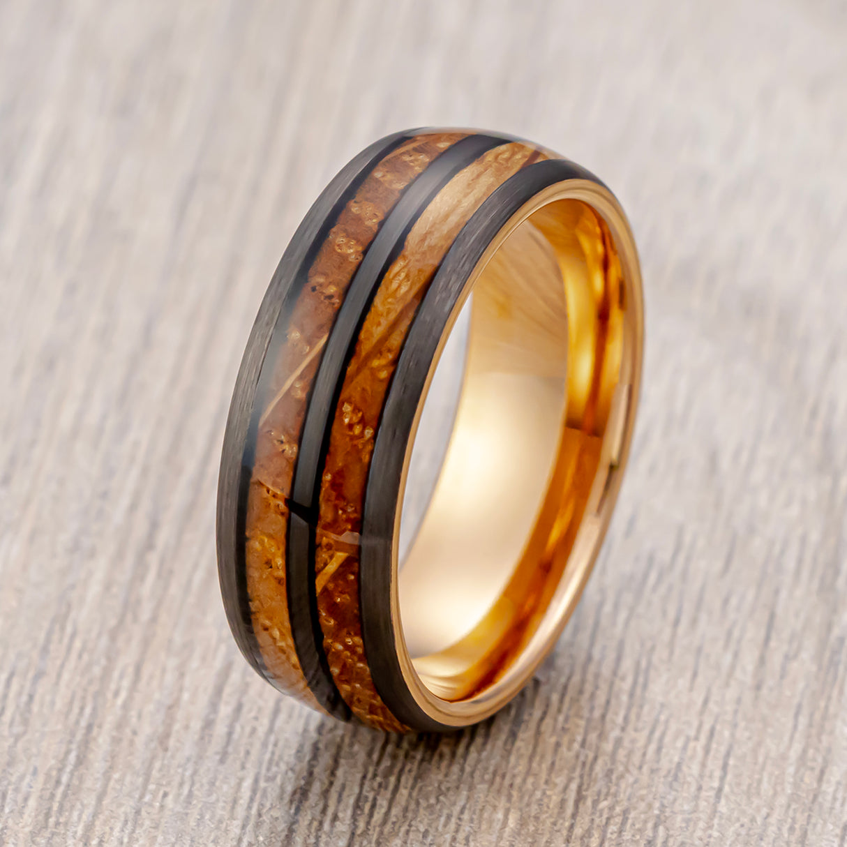 8mm Tungsten Double Barrel Wood Ring Rose Gold & Black Tungsten Ring