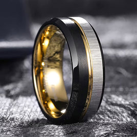 8MM - Black & Gold Tungsten Ring Matte Finish Brushed Laser Horizontal Grain