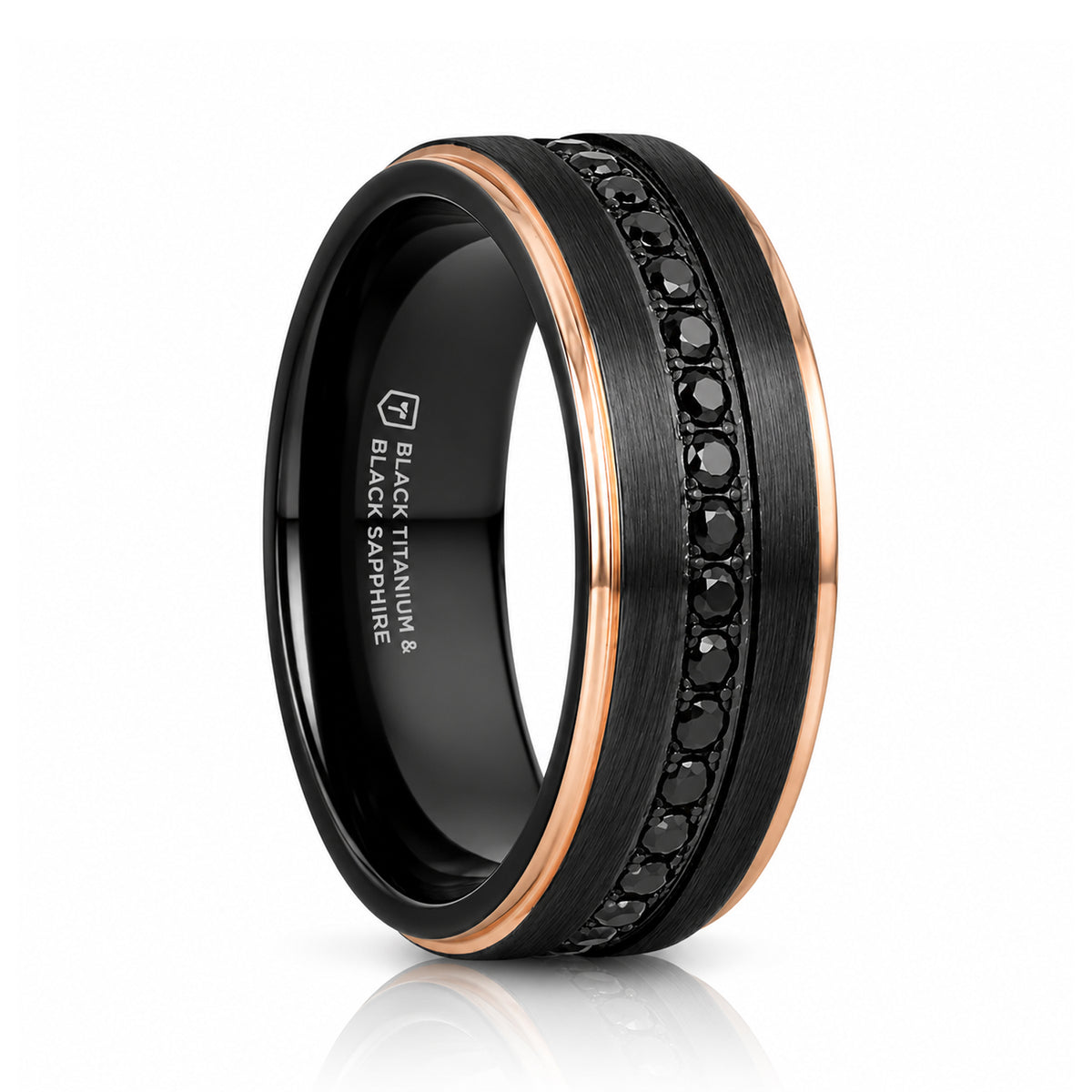 8mm ASTRO Brushed Black Titanium Ring W/ Rose Gold Edges & Black Sapphire all around