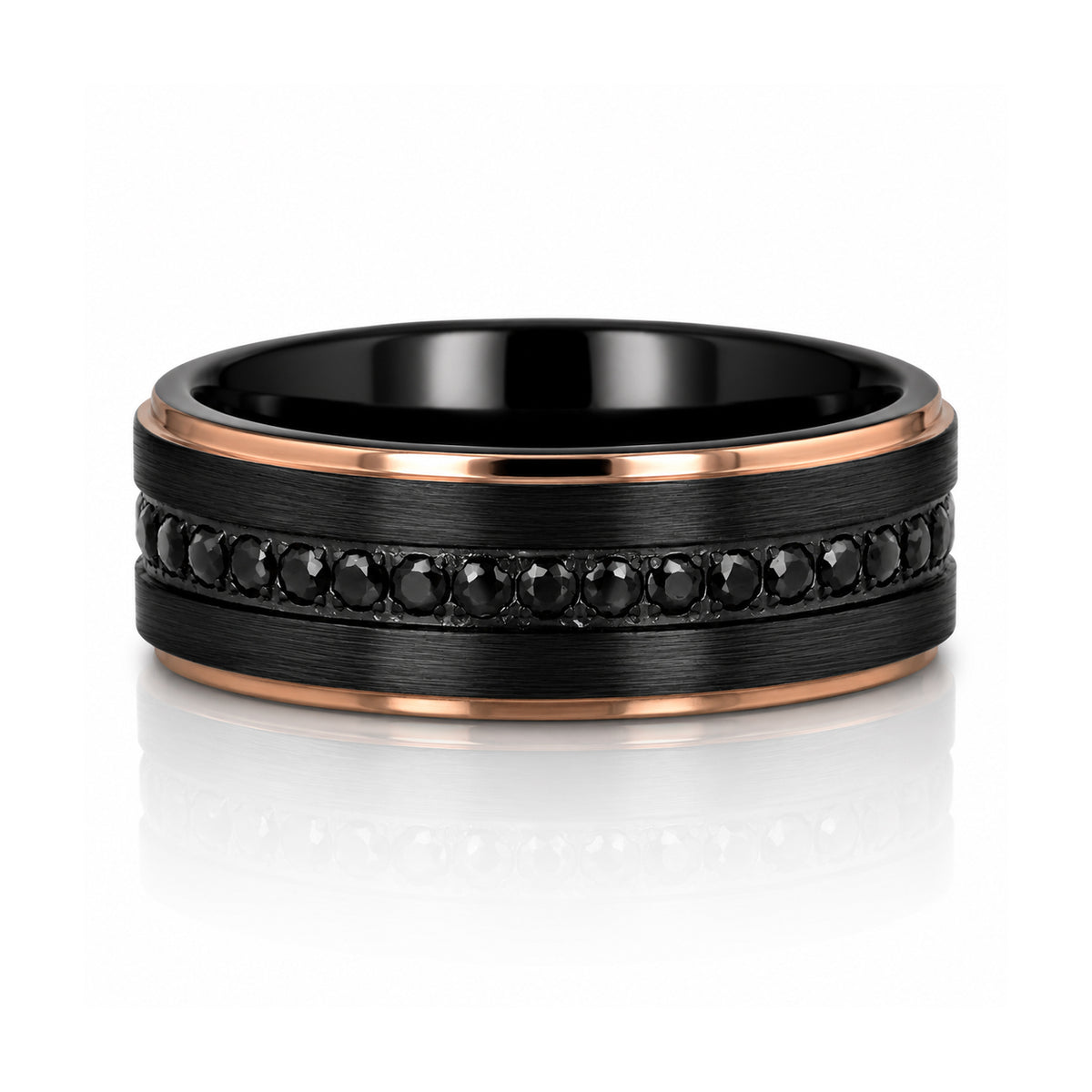 8mm ASTRO Brushed Black Titanium Ring W/ Rose Gold Edges & Black Sapphire all around