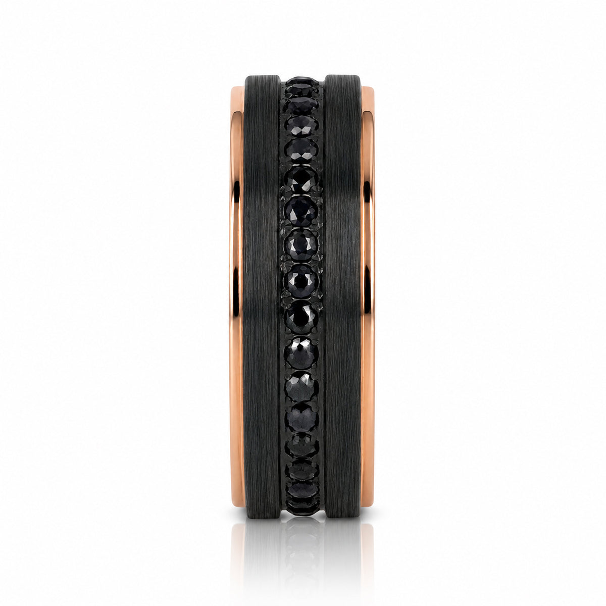 8mm ASTRO Brushed Black Titanium Ring W/ Rose Gold Edges & Black Sapphire all around