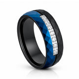 8mm Black & Blue Hammered Tungsten Wedding Band with 7 White CZ Inlay – Matte Finish