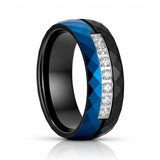 8mm Black & Blue Hammered Tungsten Wedding Band with 7 White CZ Inlay – Matte Finish