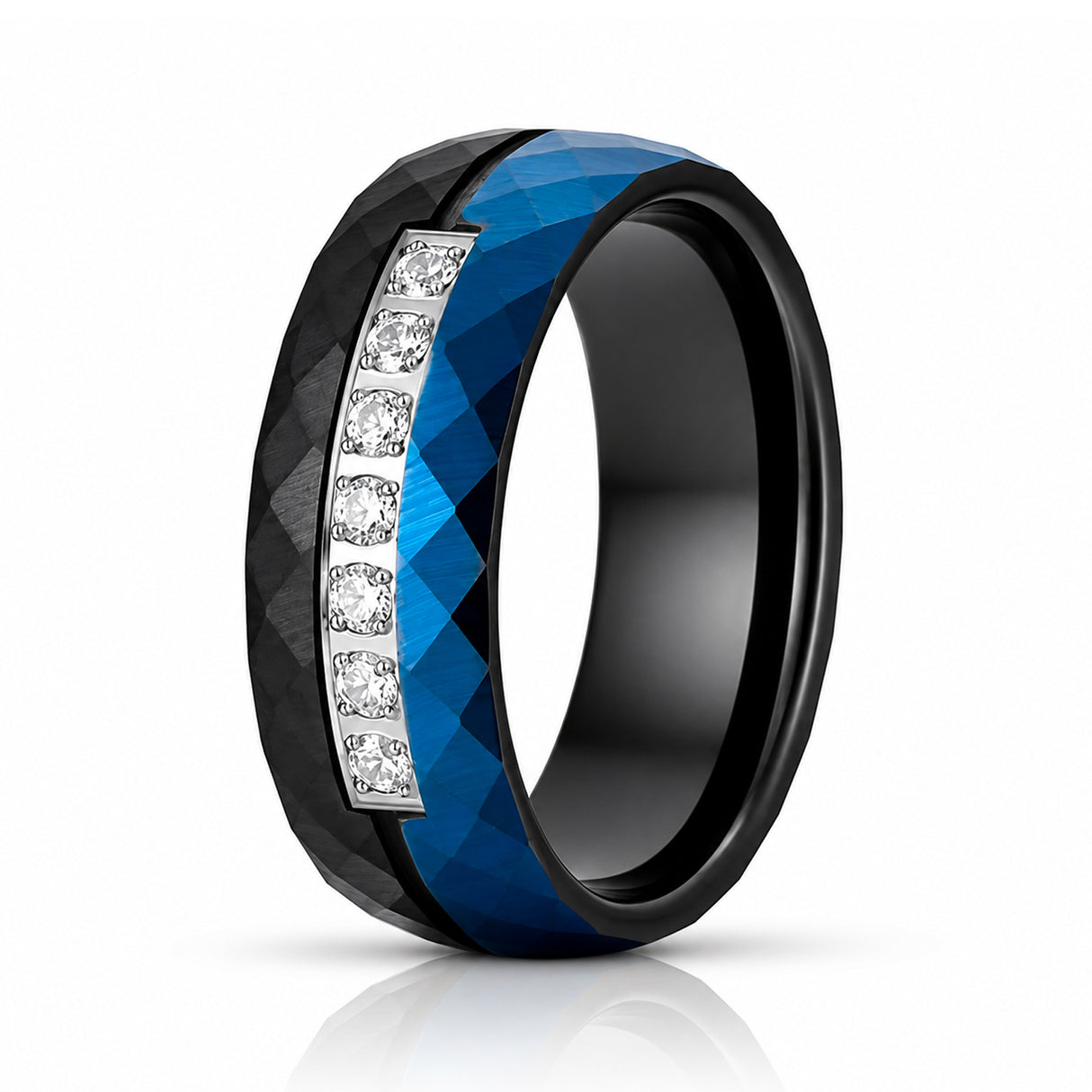 8mm Black & Blue Hammered Tungsten Wedding Band with 7 White CZ Inlay – Matte Finish