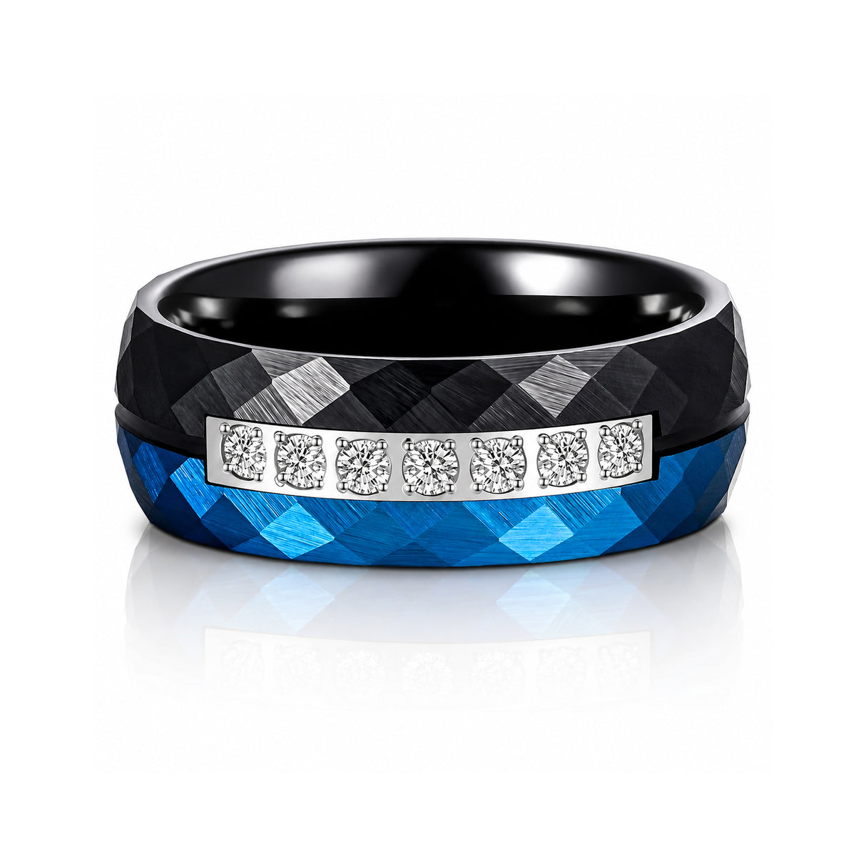 8mm Black & Blue Hammered Tungsten Wedding Band with 7 White CZ Inlay – Matte Finish