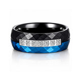 8mm Black & Blue Hammered Tungsten Wedding Band with 7 White CZ Inlay – Matte Finish