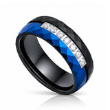 8mm Black & Blue Hammered Tungsten Wedding Band with 7 White CZ Inlay – Matte Finish