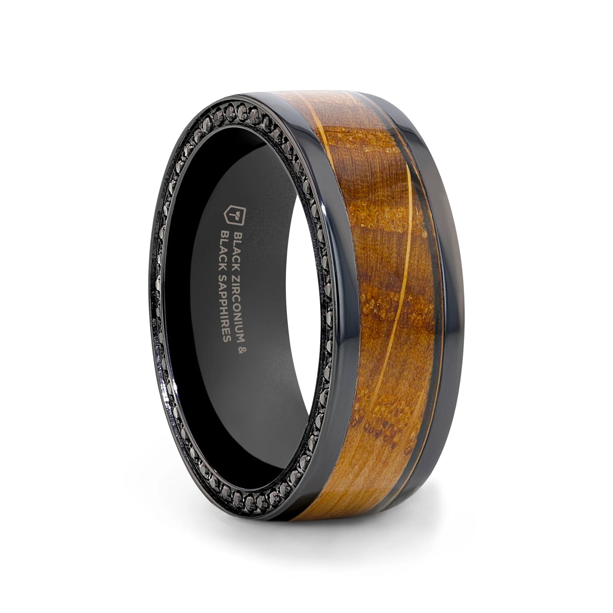 BOURBON – 8mm Black Zirconium Whiskey Barrel Wood & Black Sapphire Wedding Band