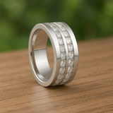 8mm - Mens Silver Titanium Double Row Princess Cut Unplated Ring