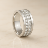 8mm - Mens Silver Titanium Double Row Princess Cut Unplated Ring