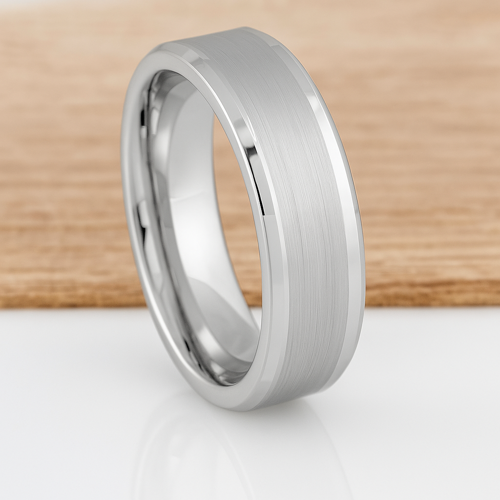 Silver Tungsten Ring with Brushed Center and Polished Beveled Edges-6mm