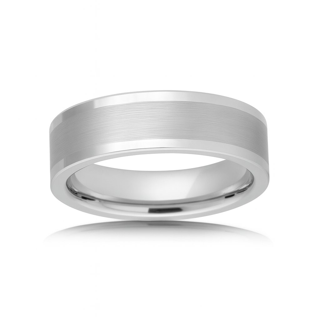 White Silver Platinum-Like Finish Tungsten Brushed Center Ring With Polished  Edges - 6mm