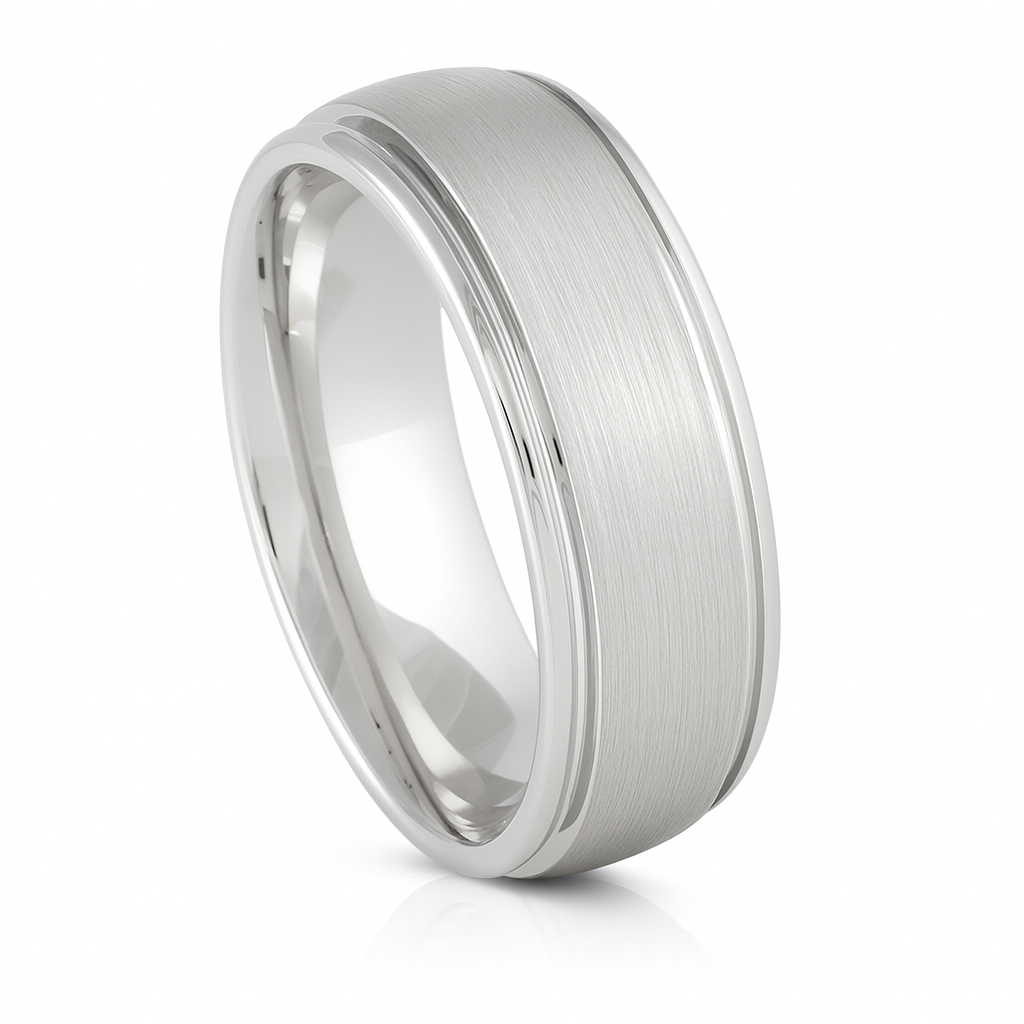 White Silver Platinum-Like Finish Tungsten Carbide Ring Polished Ridged Edges Brushed Center - 8mm