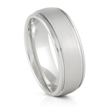White Silver Platinum-Like Finish Tungsten Carbide Ring Polished Ridged Edges Brushed Center - 8mm