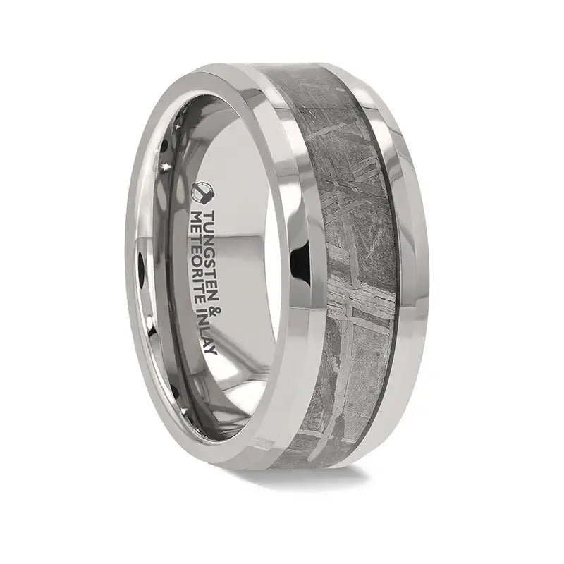 CELESTIAL Flat Tungsten Carbide Ring with Beveled Edges and Meteorite Inlay - 8mm