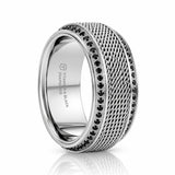 GAUNTLET Steel Chain Titanium Wedding Ring Polished Beveled Edges Set with Round Black Diamonds - 10mm