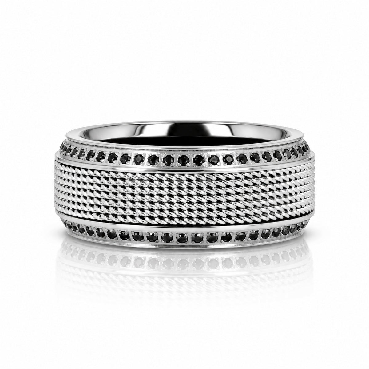 GAUNTLET Steel Chain Titanium Wedding Ring Polished Beveled Edges Set with Round Black Diamonds - 10mm