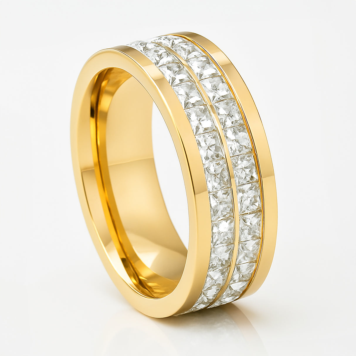 8mm - Mens Yellow Gold IP Plated Titanium Double Row Princess Cut Ring