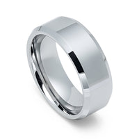 8mm - Silver Tungsten Wedding Band With Beveled Edges, High Polish Center