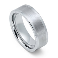 8mm - Silver Tungsten Wedding Band With Brushed Center, Polished Shiny Raised Edge