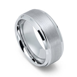 9mm - Silver Tungsten wedding Ring, Brushed Finish Stepped Edges,