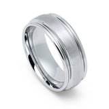 8mm - Men's Tungsten Carbide Wedding Band Flat Brushed Center, Polished Ridge Edges