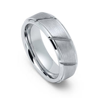 7mm - Tungsten Carbide Wedding Band W/ Diagonal Grooves, Brushed Center, Beveled Edges