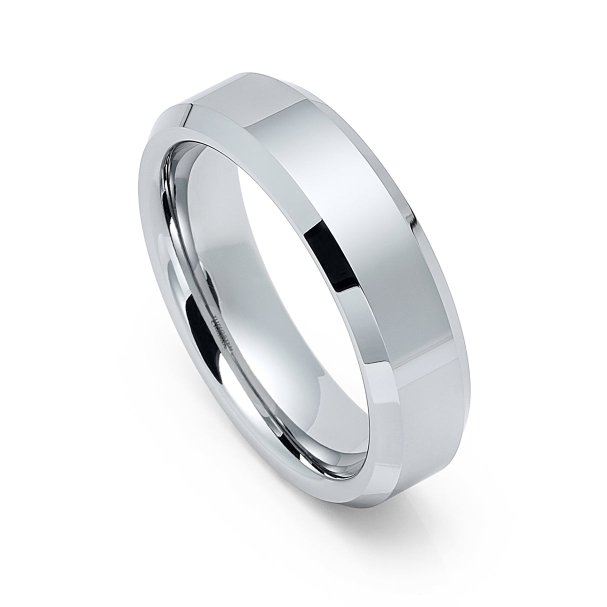 6mm - Men's Silver Tungsten Wedding Ring, High Polished Beveled Edge